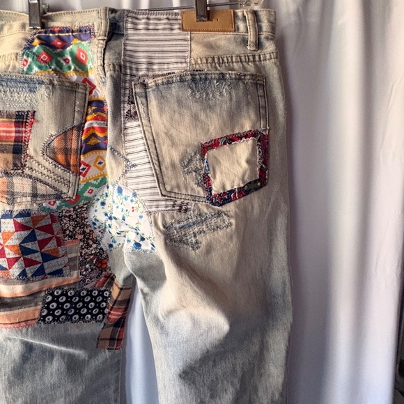 MNML Patchwork Denim Jeans Light Blue Wash Fabric Patches Button Fly Men's 36 - Picture 13 of 16